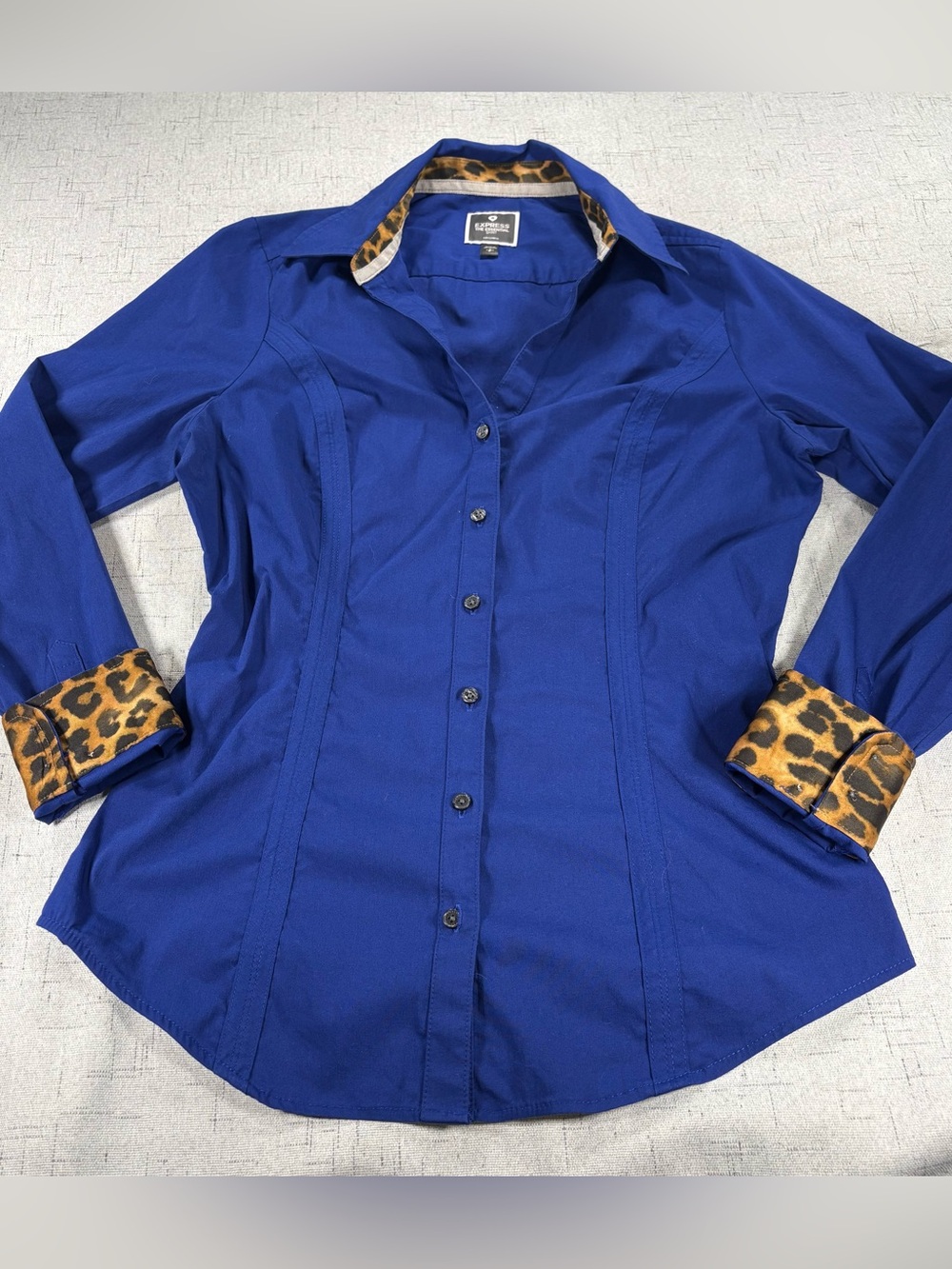 Express The Essential Shirt Royal Blue Leopard Print Trim Collared Button Up